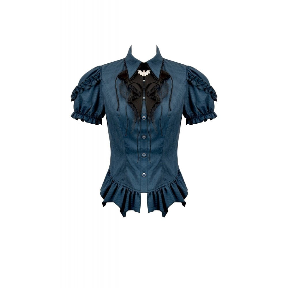 Darkinlove Women's Gothic Pinstripe Puff Sleeved Shirt with Detachable Bat Bow Tie