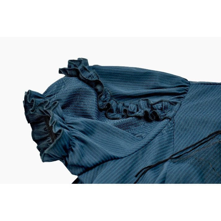 Darkinlove Women's Gothic Pinstripe Puff Sleeved Shirt with Detachable Bat Bow Tie