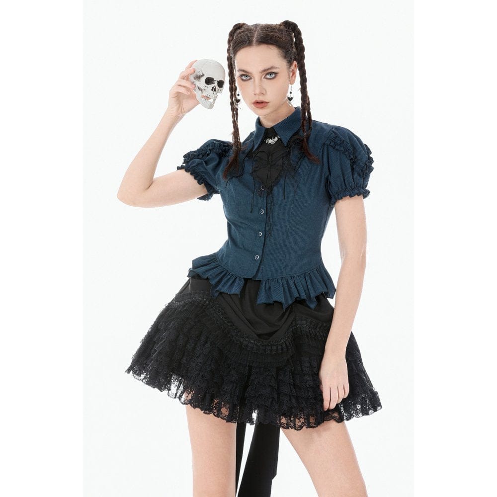 Darkinlove Women's Gothic Pinstripe Puff Sleeved Shirt with Detachable Bat Bow Tie