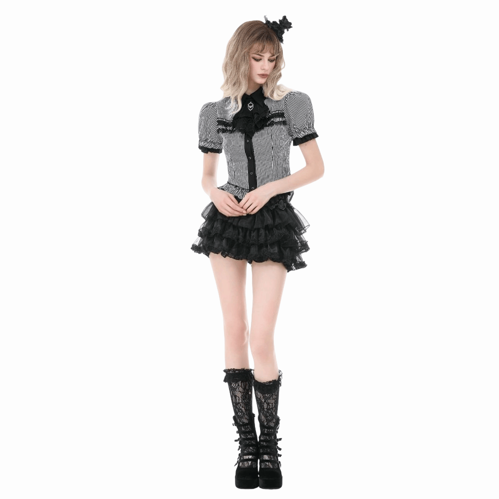 Darkinlove Women's Gothic Pinstripe Swallow-tailed Shirt with Detachable Tie