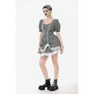 Darkinlove Women's Gothic Pinstripes Ruffles Lace Hem Dress