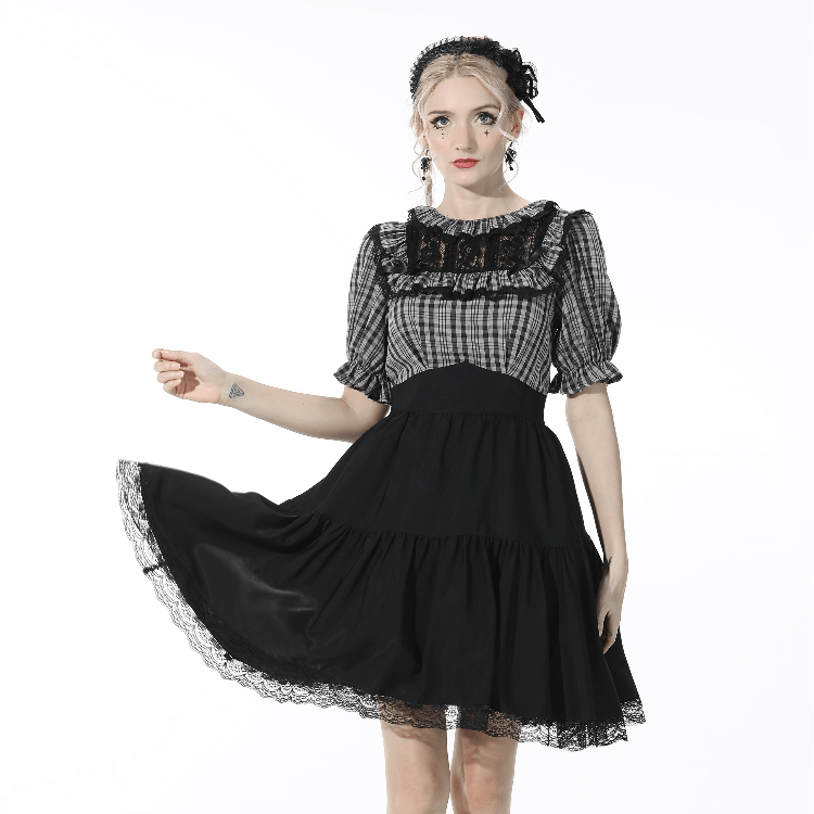 Darkinlove Women's Gothic Plaid Splice Black Dress