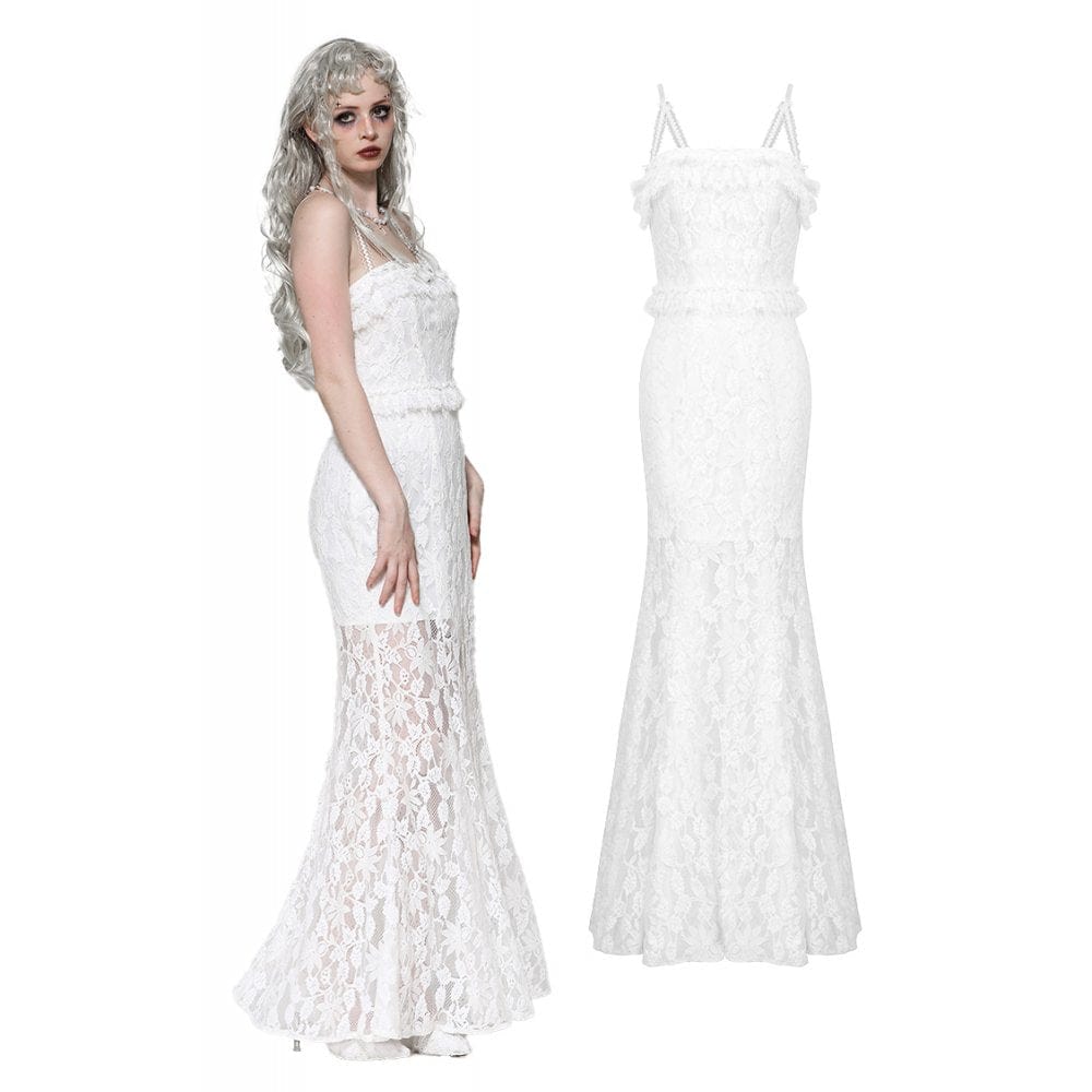 Darkinlove Women's Gothic Pleated Lace Slip Dress White Wedding Dress