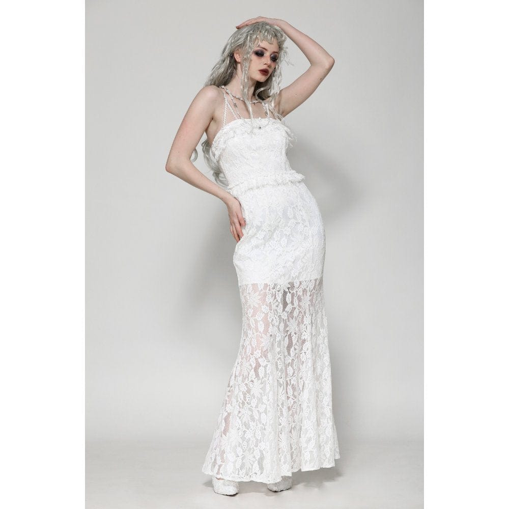 Darkinlove Women's Gothic Pleated Lace Slip Dress White Wedding Dress