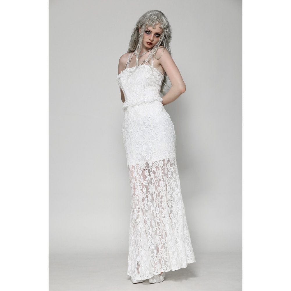 Darkinlove Women's Gothic Pleated Lace Slip Dress White Wedding Dress