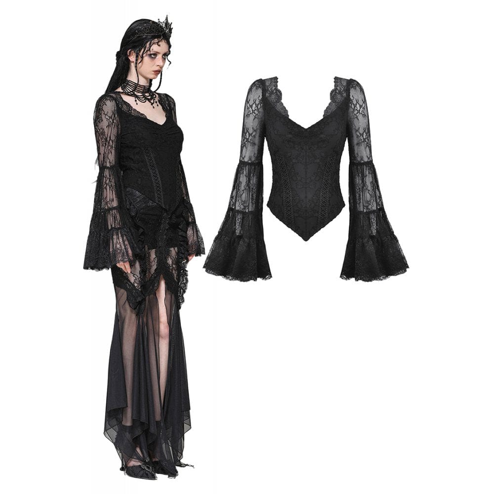 Darkinlove Women's Gothic Plunging Flared Sleeved Lace Shirt