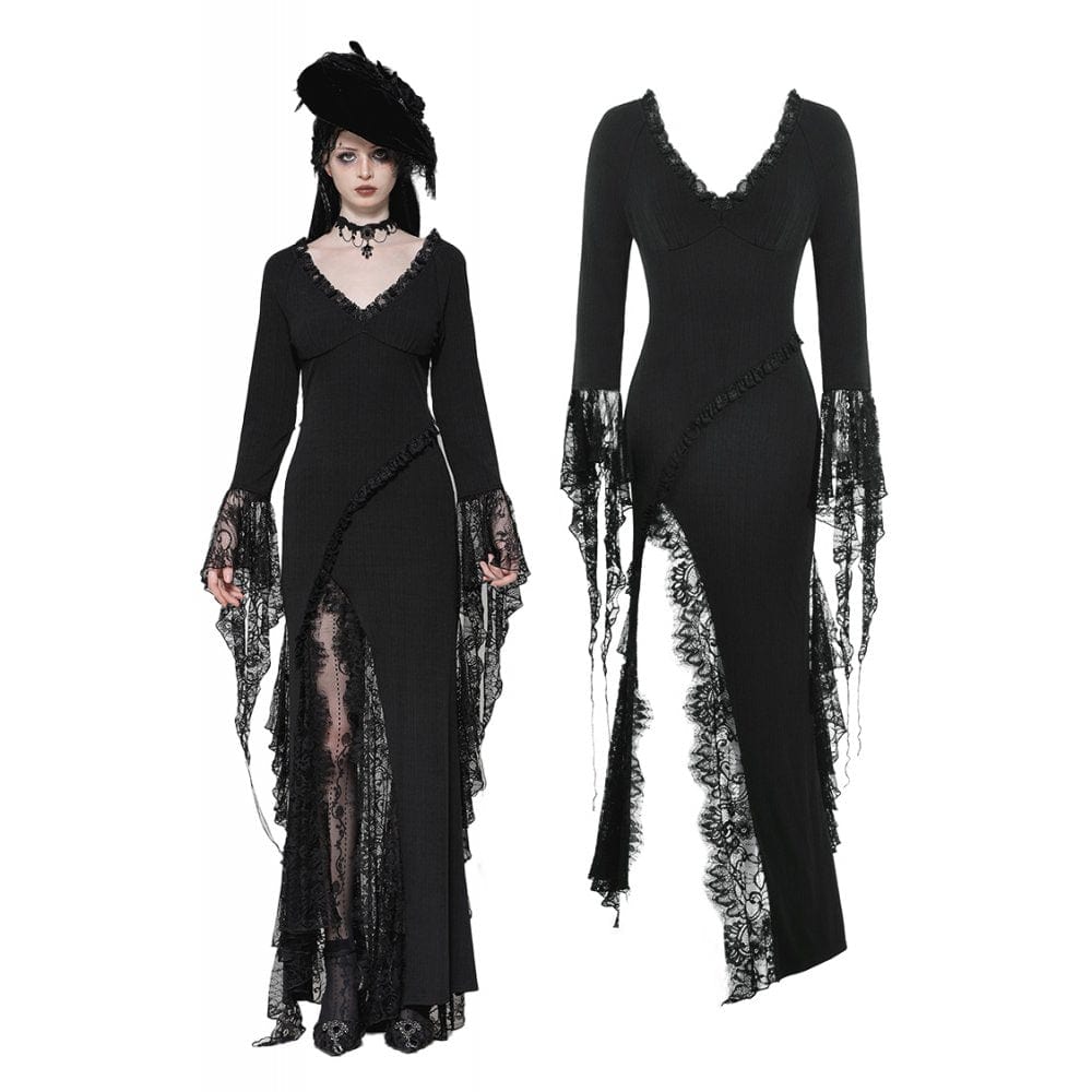 Darkinlove Women's Gothic Plunging Lace Splice Split Dress