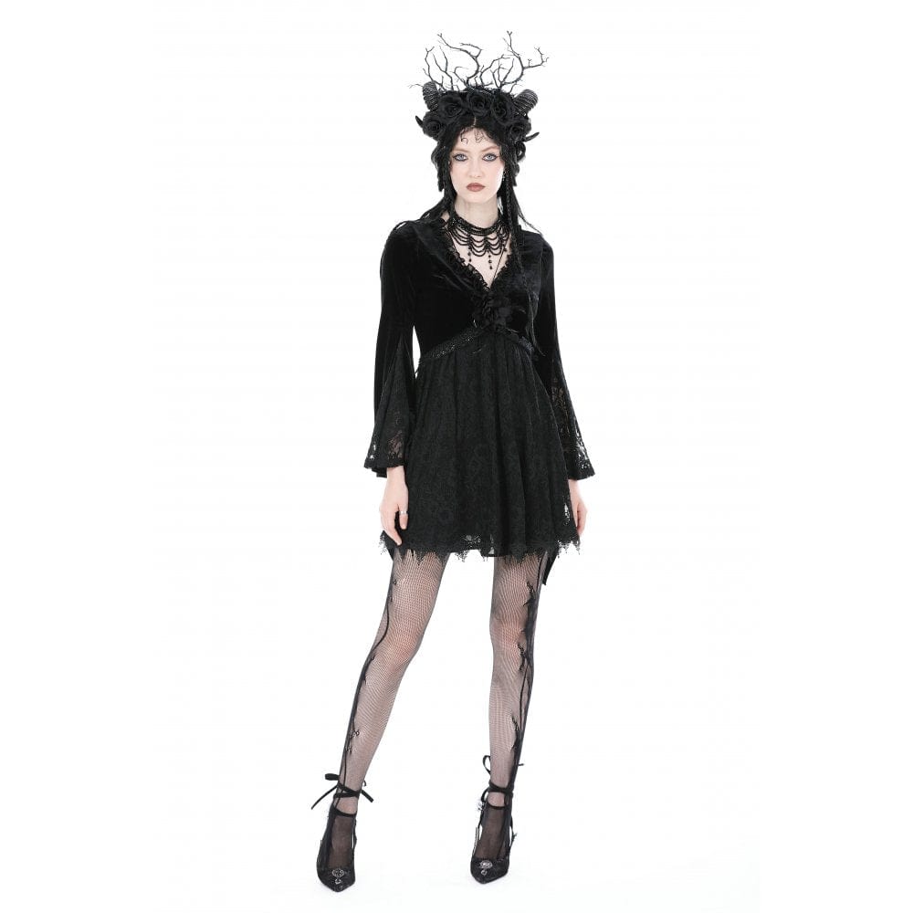 Darkinlove Women's Gothic Plunging Lace Splice Velvet Dress