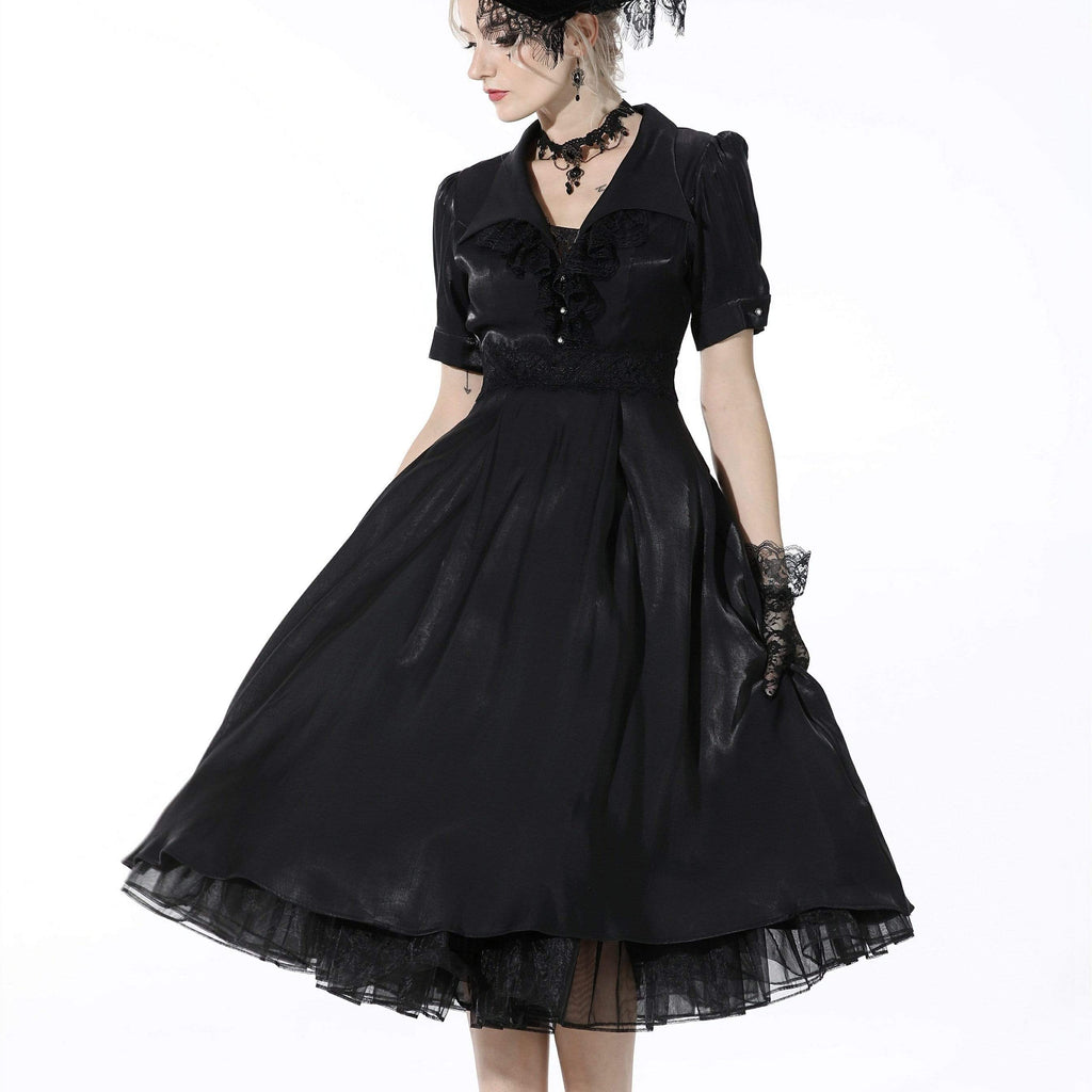 Darkinlove Women's Gothic Plunging Pleated Black Dress