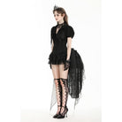 Darkinlove Women's Gothic Plunging Pleated Puff Short Sleeved Blouse