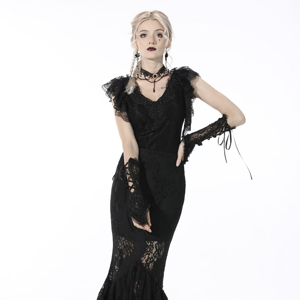 Darkinlove Women's Gothic Plunging Ruffled Black Crop Top