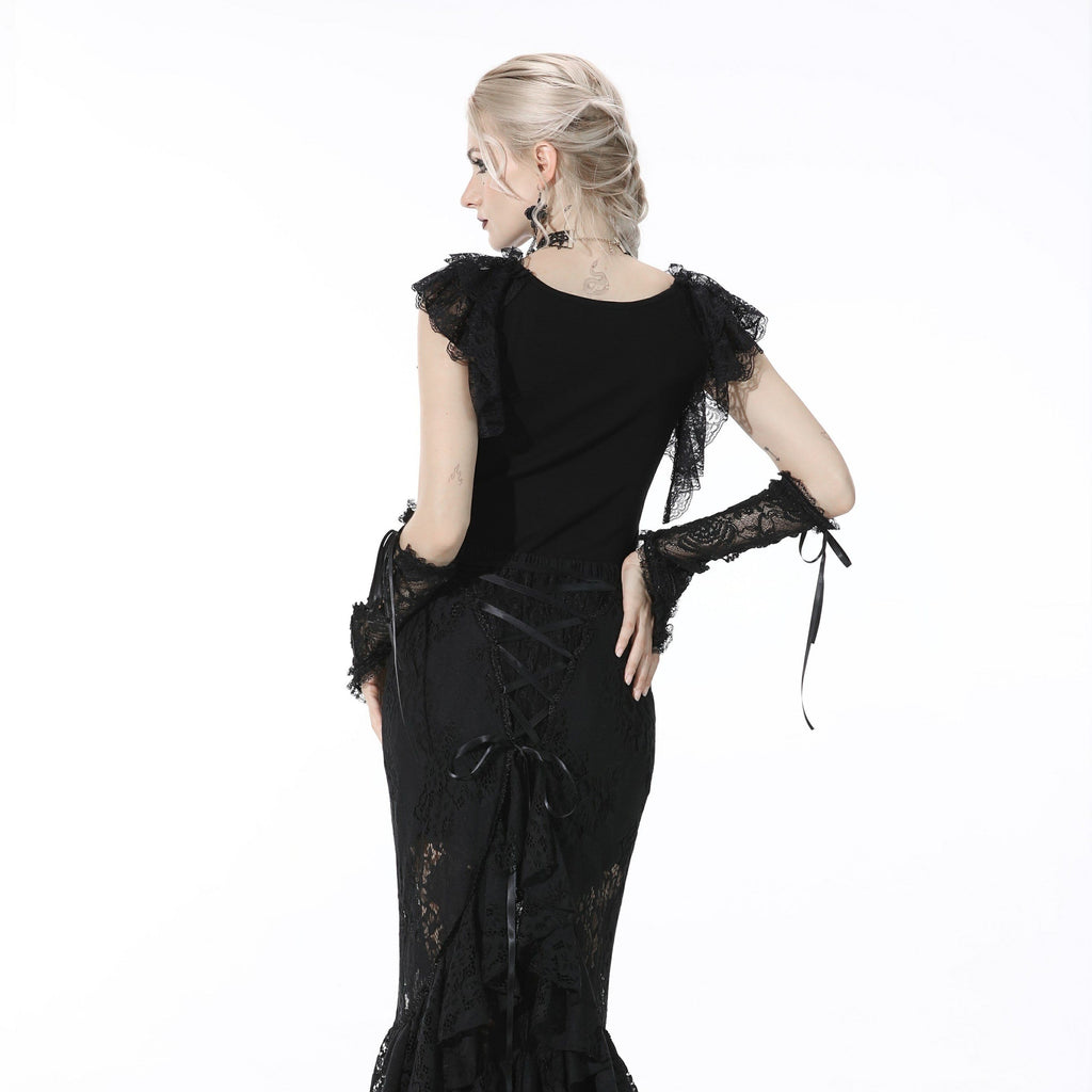 Darkinlove Women's Gothic Plunging Ruffled Black Crop Top