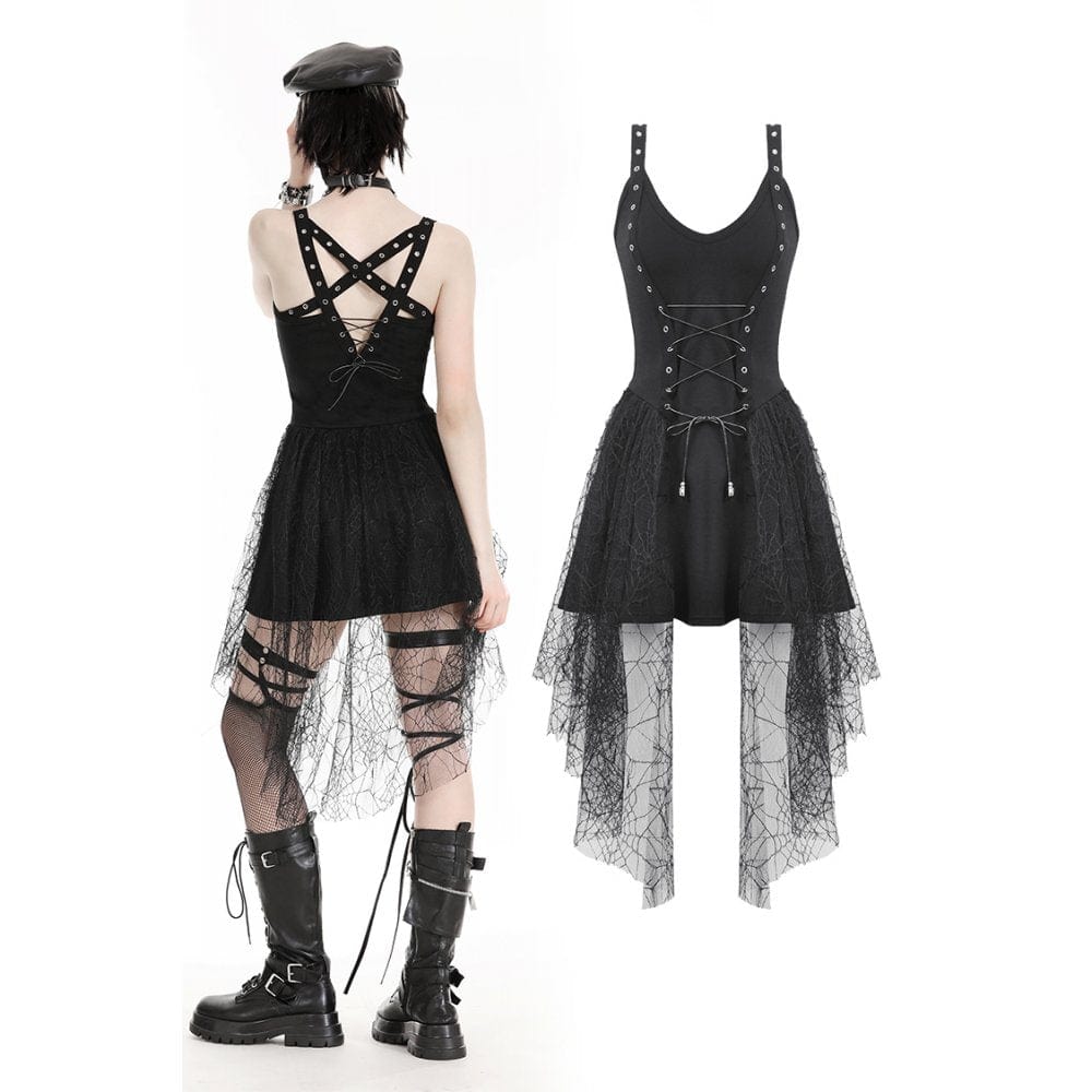 Darkinlove Women's Gothic Plunging Spider Mesh Splice Witch Slip Dress