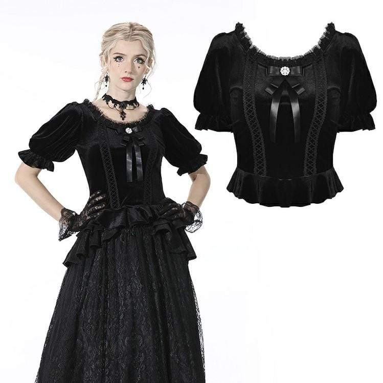 Darkinlove Women's Gothic Puff Sleeved Bowknot Black Shirt