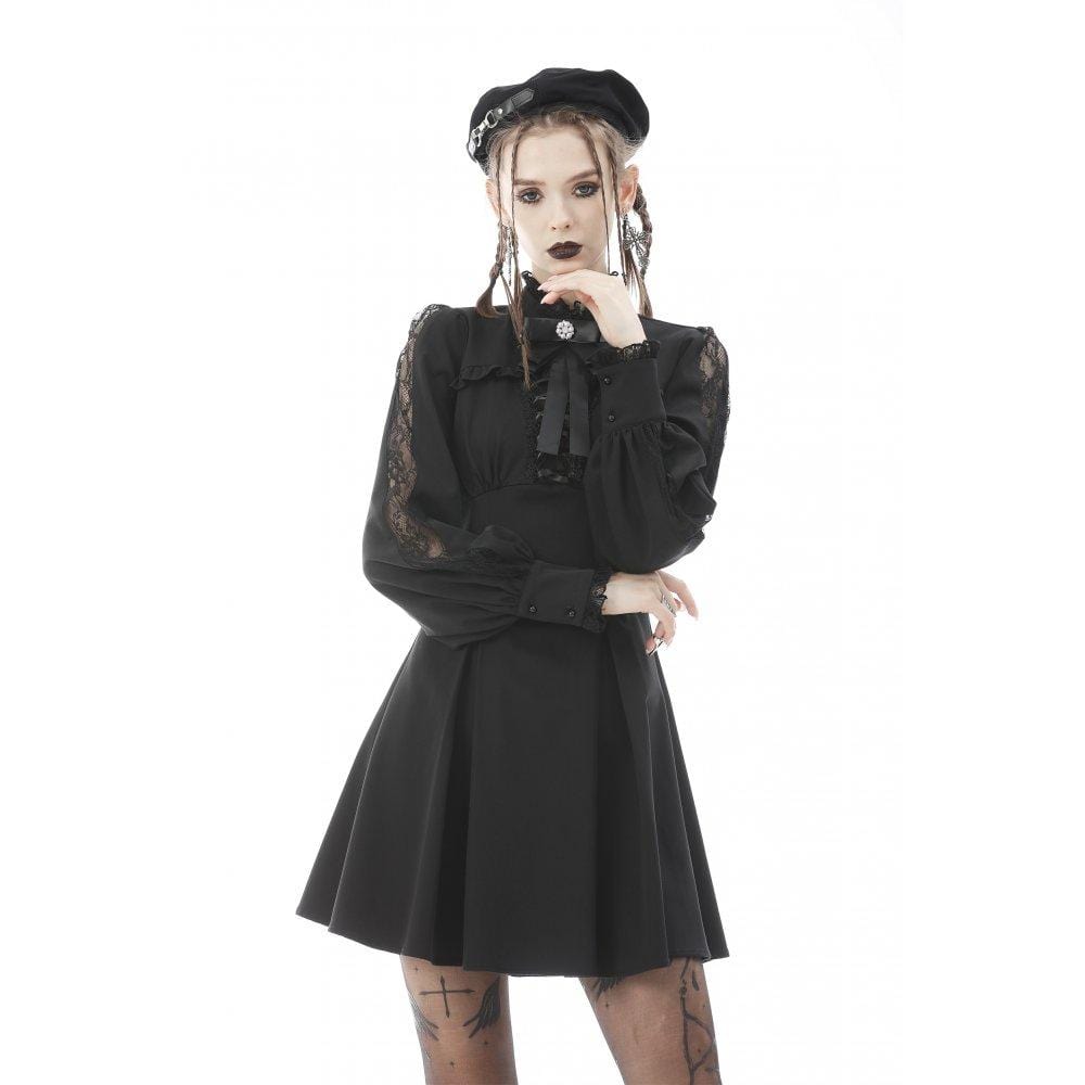 Darkinlove Women's Gothic Puff Sleeved Bowknot Pleated Dress
