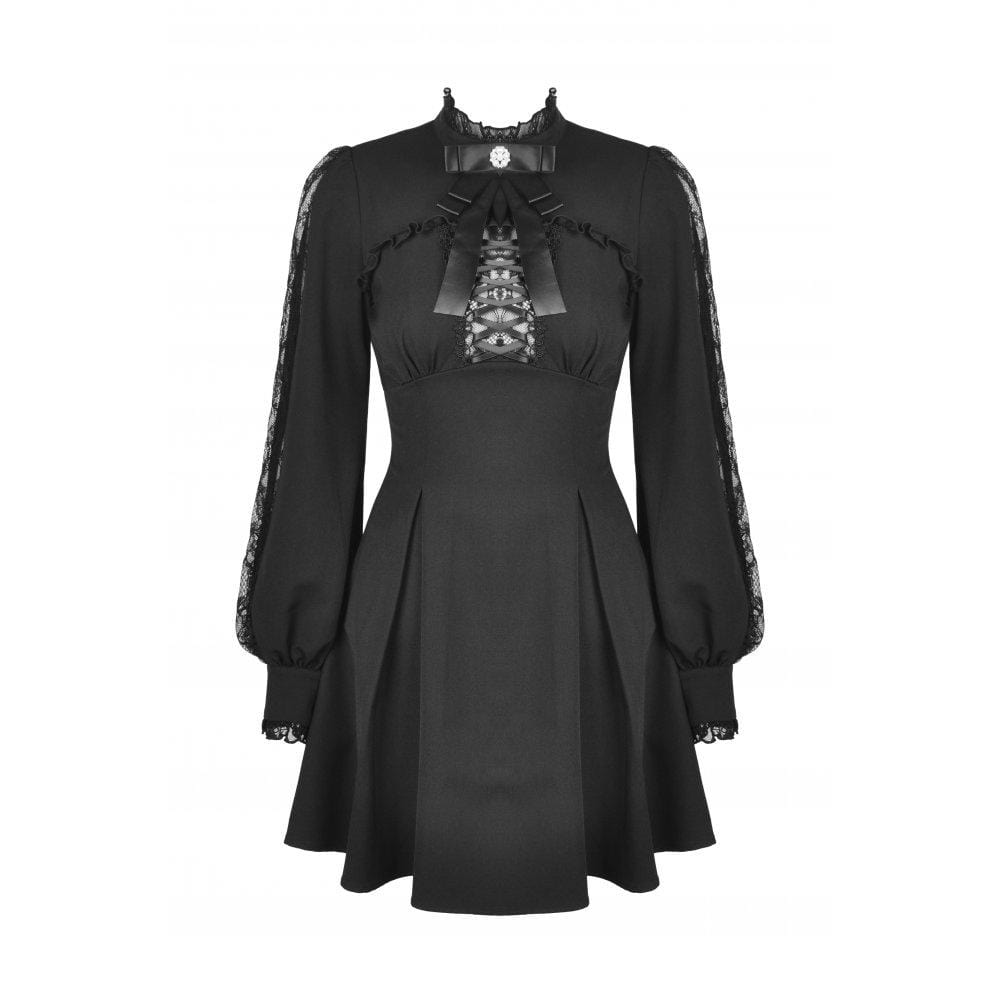 Darkinlove Women's Gothic Puff Sleeved Bowknot Pleated Dress