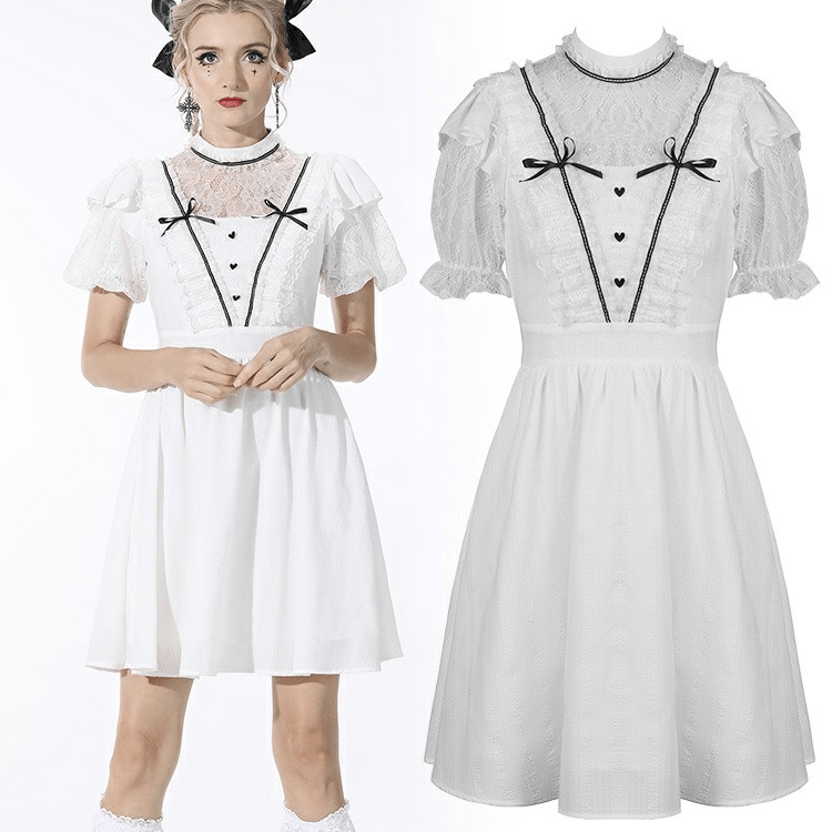 Darkinlove Women's Gothic Puff Sleeved Bowknot White Dress