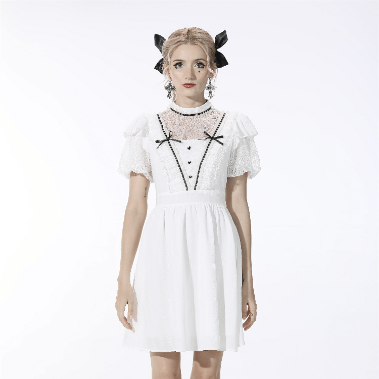 Darkinlove Women's Gothic Puff Sleeved Bowknot White Dress
