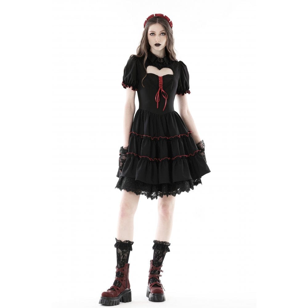 Darkinlove Women's Gothic Puff Sleeved Cutout Ruffled Dress