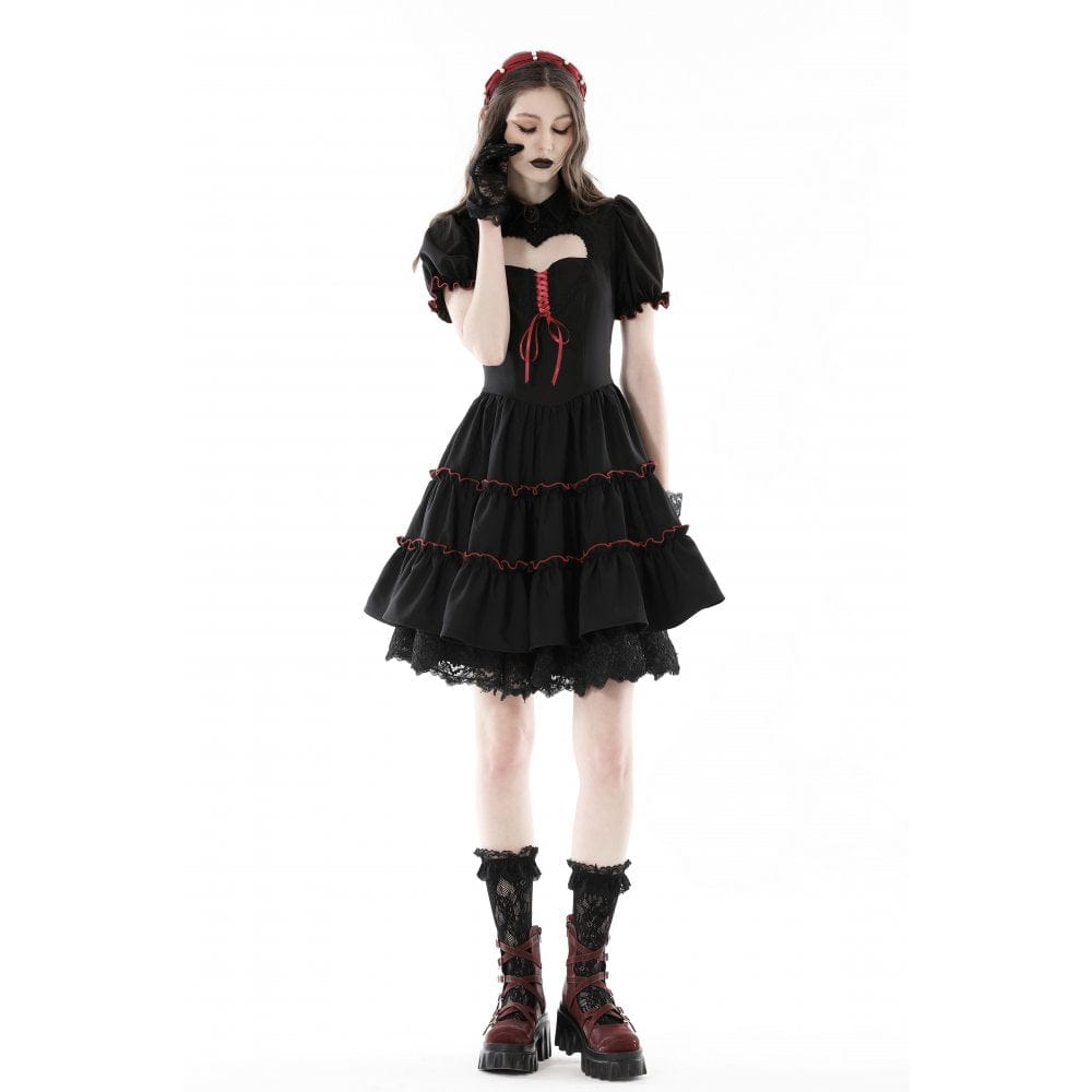 Darkinlove Women's Gothic Puff Sleeved Cutout Ruffled Dress