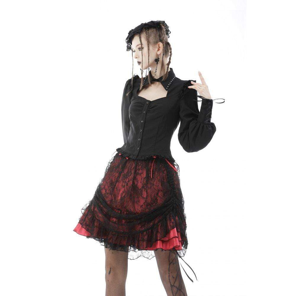 Darkinlove Women's Gothic Puff Sleeved Cutout Ruffled Shirt