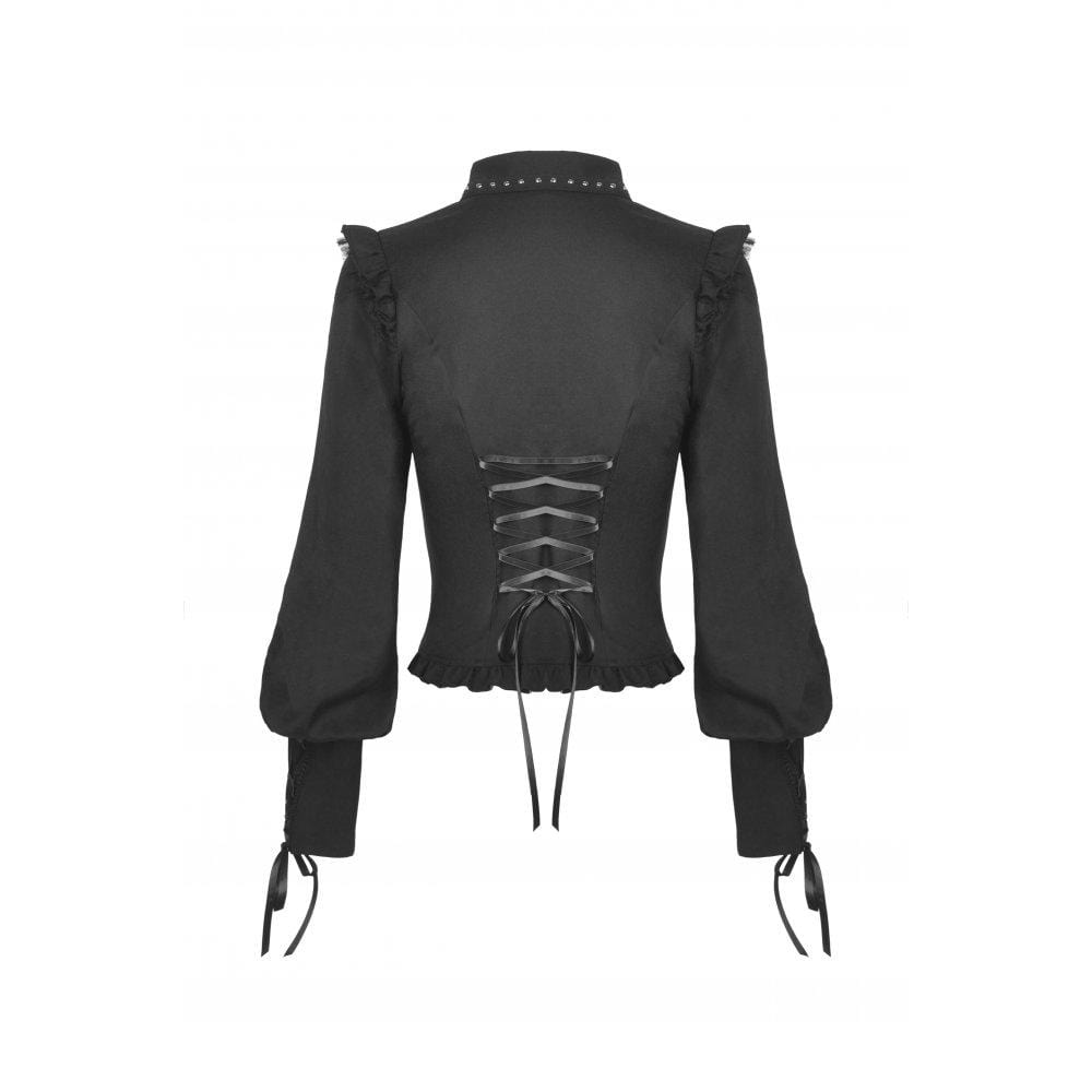 Darkinlove Women's Gothic Puff Sleeved Cutout Ruffled Shirt