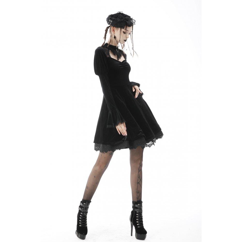 Darkinlove Women's Gothic Puff Sleeved Cutout Velvet Dress