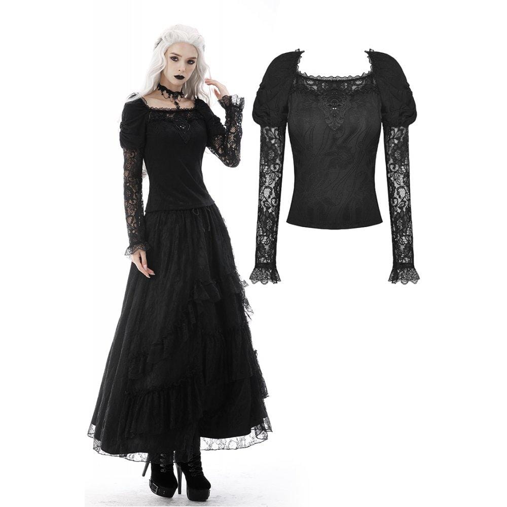 Darkinlove Women's Gothic Puff Sleeved Lace Embossing Top