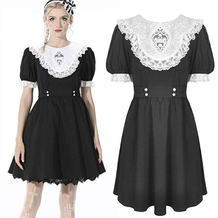 Darkinlove Women's Gothic Puff Sleeved Lace Embroidered Black Dress