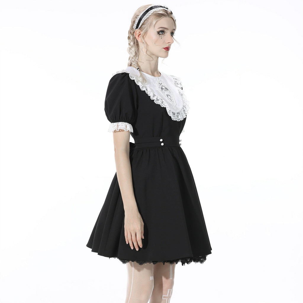 Darkinlove Women's Gothic Puff Sleeved Lace Embroidered Black Dress