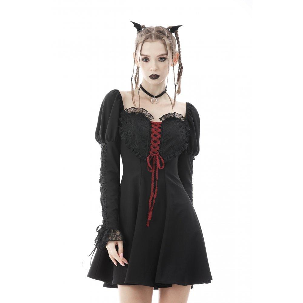 Darkinlove Women's Gothic Puff Sleeved Lace Splice Heart Dress