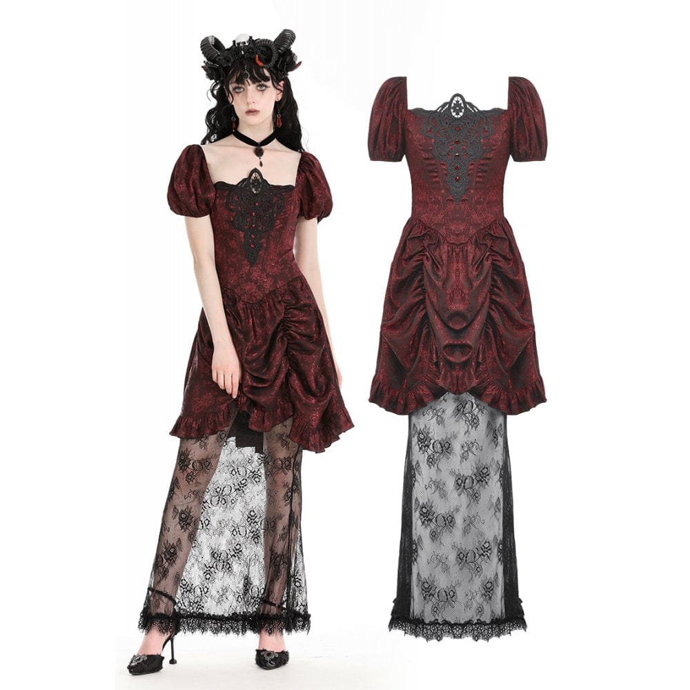 Darkinlove Women's Gothic Puff Sleeved Lace Splice Red Prom Dress