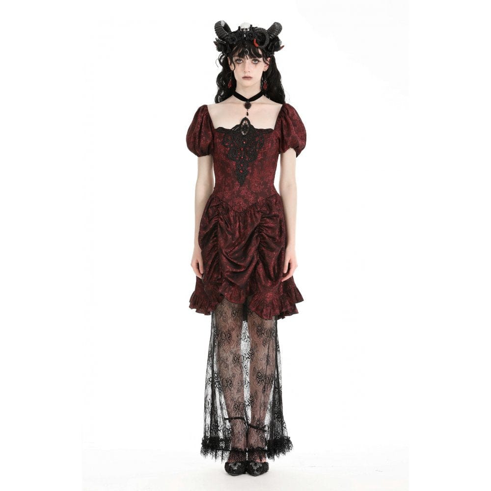 Darkinlove Women's Gothic Puff Sleeved Lace Splice Red Prom Dress