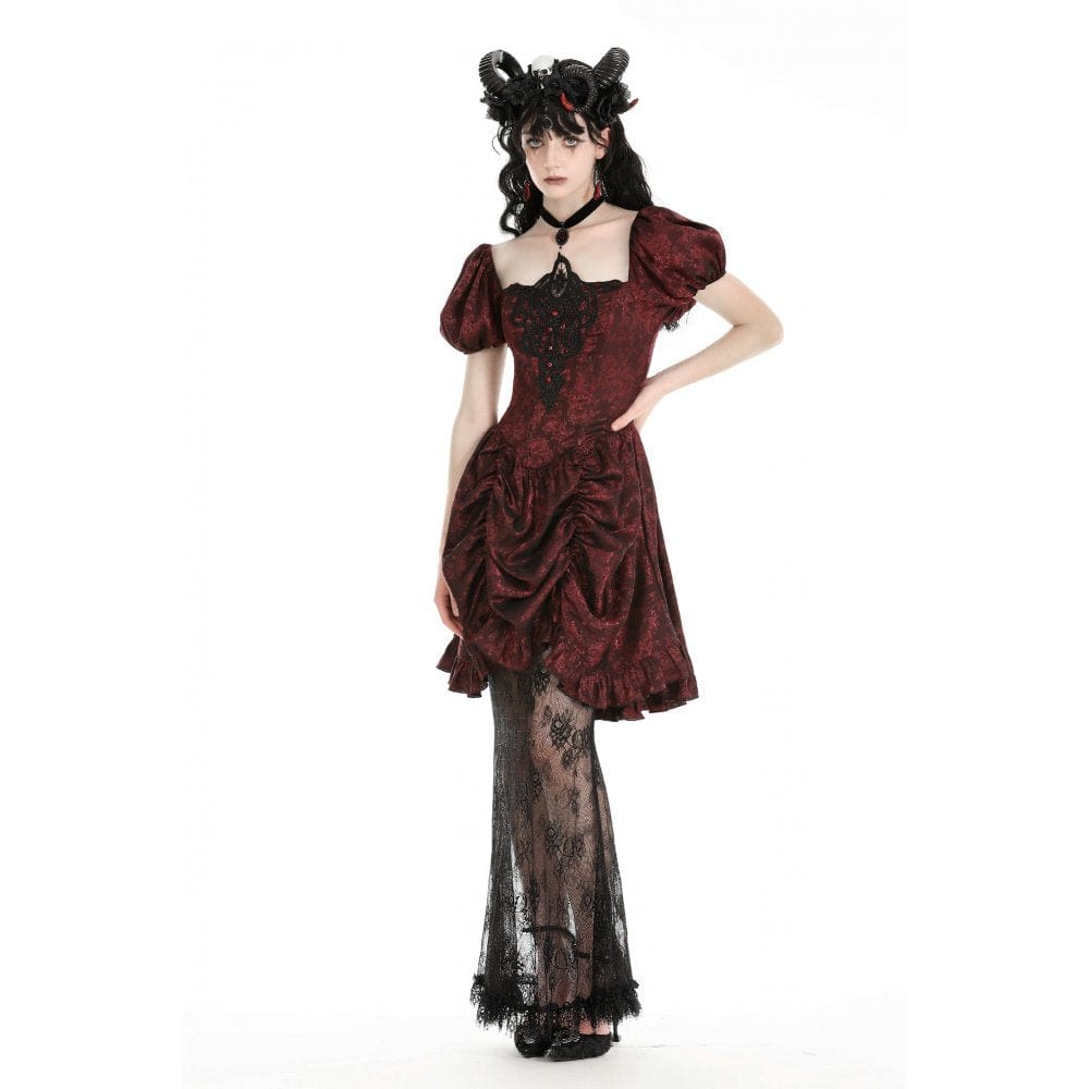 Darkinlove Women's Gothic Puff Sleeved Lace Splice Red Prom Dress