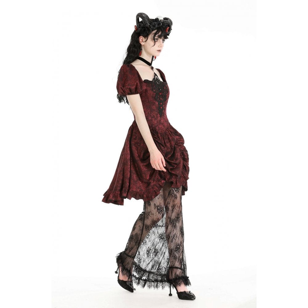 Darkinlove Women's Gothic Puff Sleeved Lace Splice Red Prom Dress