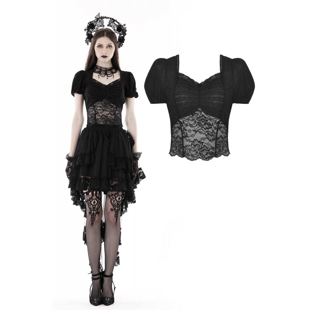 Darkinlove Women's Gothic Puff Sleeved Lace Splice Shirt