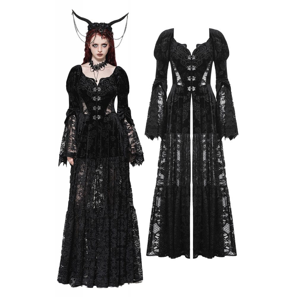 Darkinlove Women's Gothic Puff Sleeved Lace Splice Velvet Coat