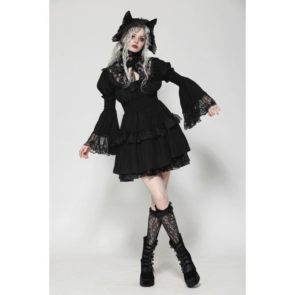 Darkinlove Women's Gothic Puff Sleeved Layered Ruffled Grad Dress