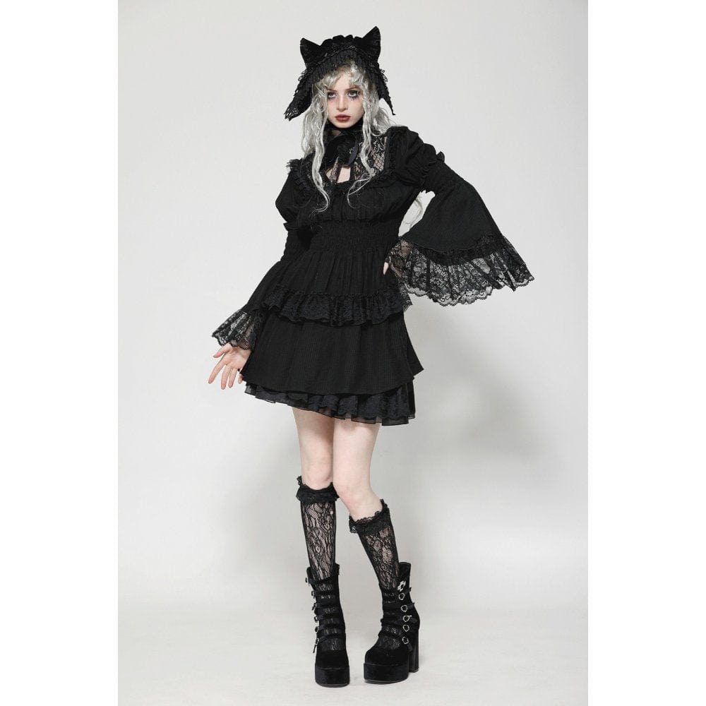 Darkinlove Women's Gothic Puff Sleeved Layered Ruffled Grad Dress