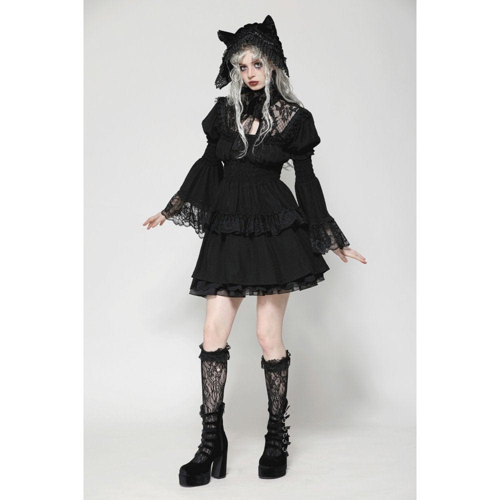 Darkinlove Women's Gothic Puff Sleeved Layered Ruffled Grad Dress