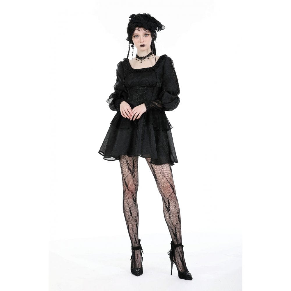 Darkinlove Women's Gothic Puff Sleeved Mesh Splice Dress