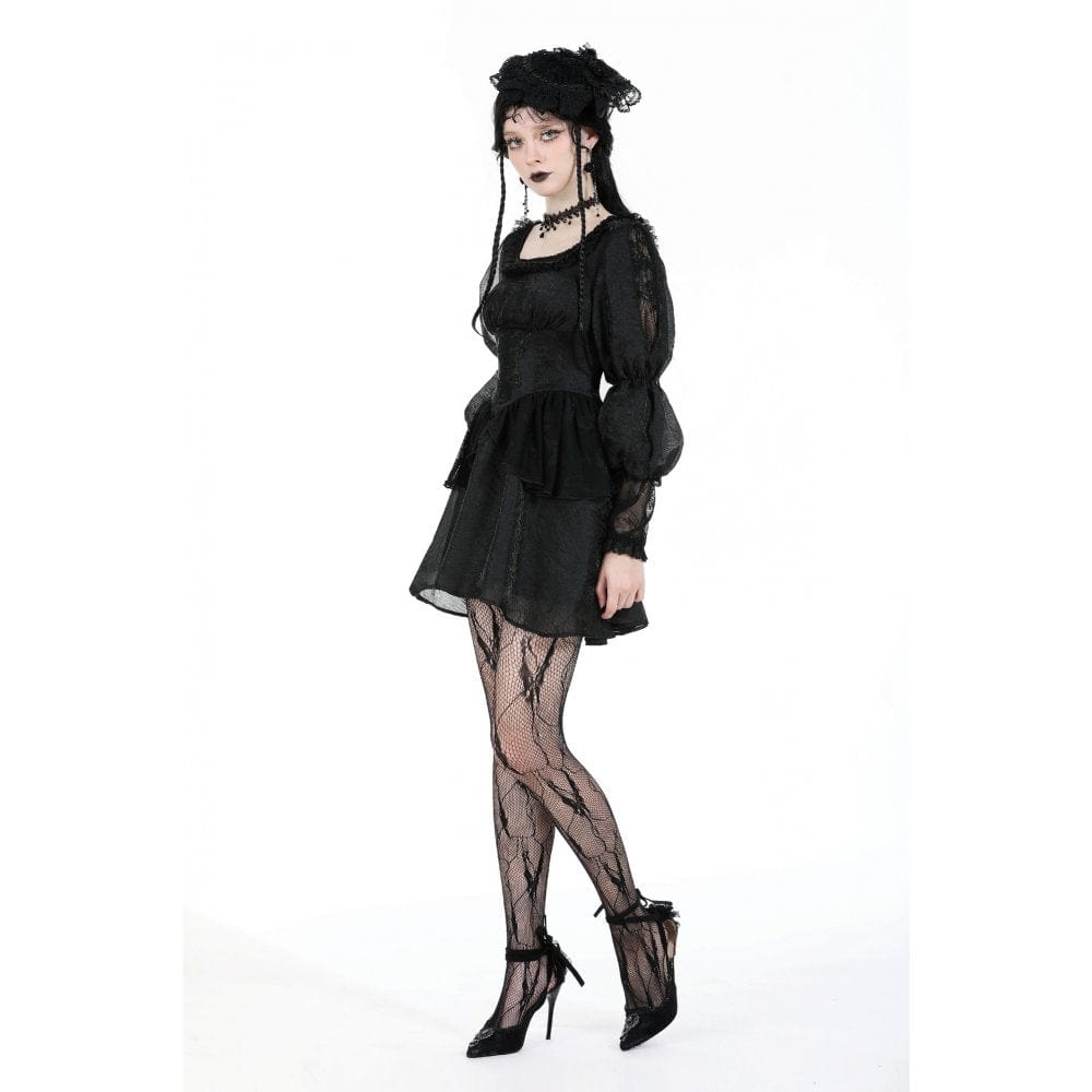 Darkinlove Women's Gothic Puff Sleeved Mesh Splice Dress