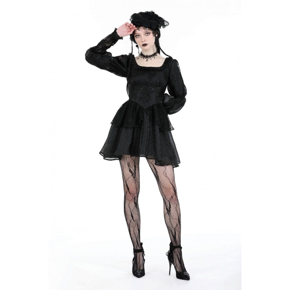 Darkinlove Women's Gothic Puff Sleeved Mesh Splice Dress