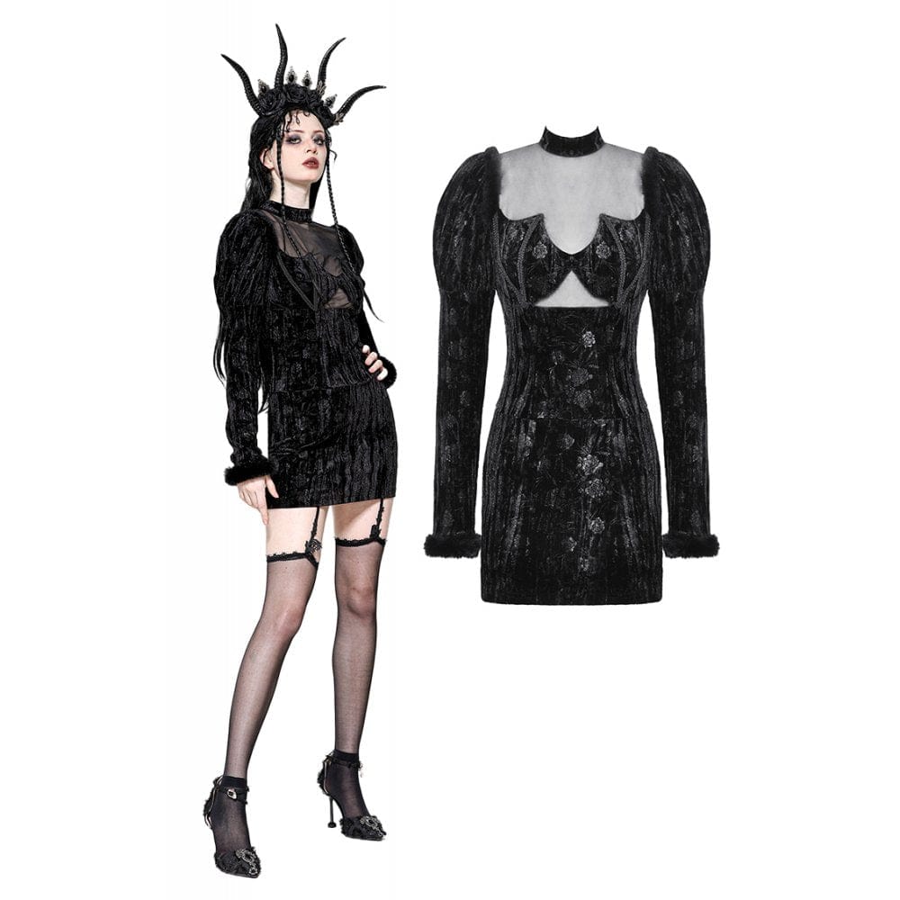 Darkinlove Women's Gothic Puff Sleeved Mesh Splice Velvet Formal Dress