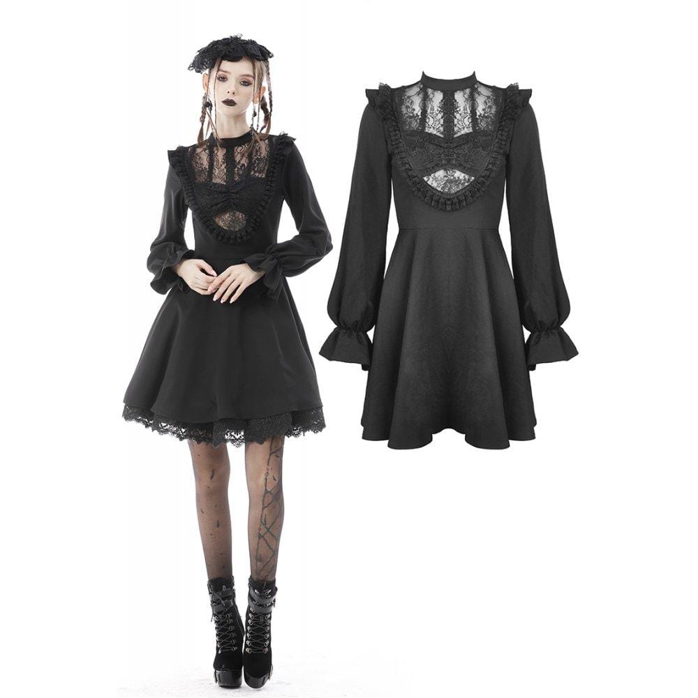Darkinlove Women's Gothic Puff Sleeved Ruffled Lace Dress