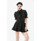 Darkinlove Women's Gothic Puff Sleeved Short Sleeved Shirt with Lace Tie
