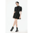 Darkinlove Women's Gothic Puff Sleeved Short Sleeved Shirt with Lace Tie