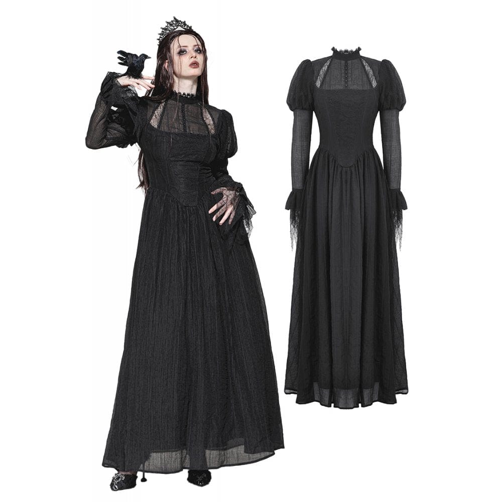 Darkinlove Women's Gothic Puff Sleeved Spiderweb Splice Witch Dress