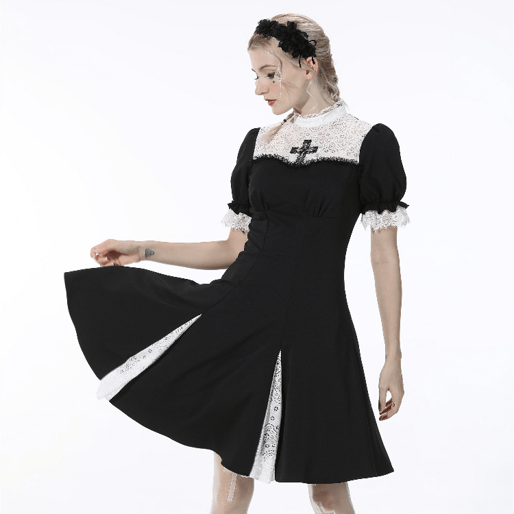 Darkinlove Women's Gothic Puff Sleeved Splice Black Dress