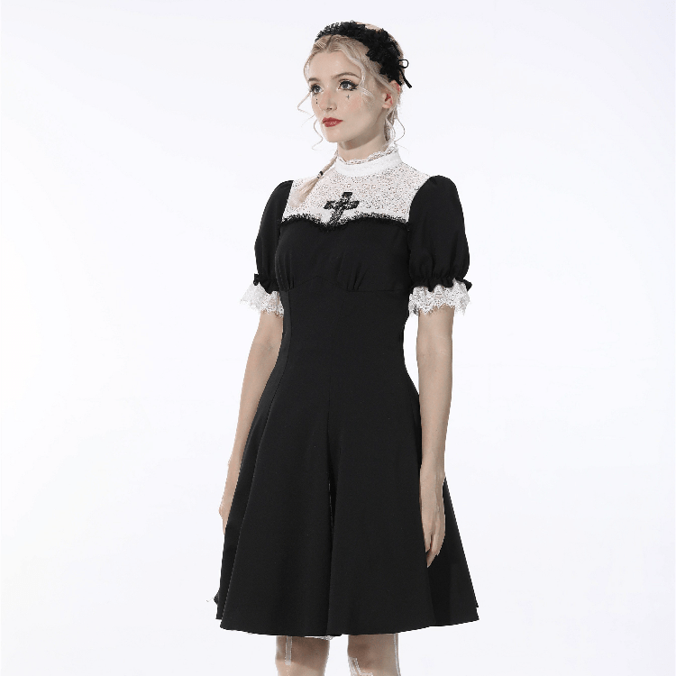 Darkinlove Women's Gothic Puff Sleeved Splice Black Dress